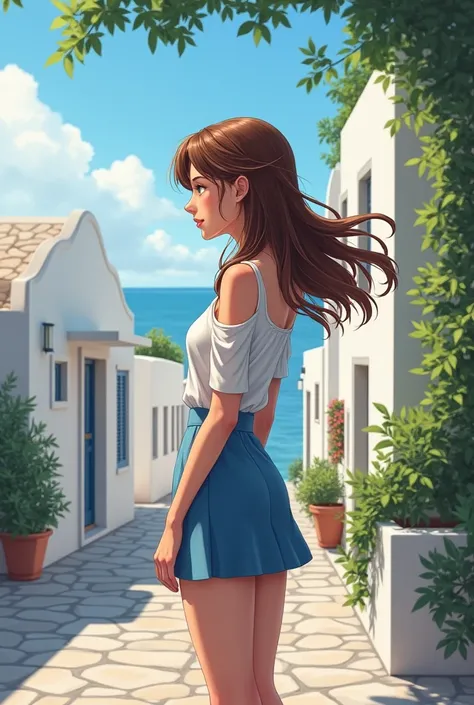 One with brown hair and brown eyes in a short blue skirt and white blouse in Greece from behind