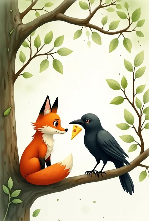 watercolor image of a fox talking to a crow in the tree with a cheese in its beak