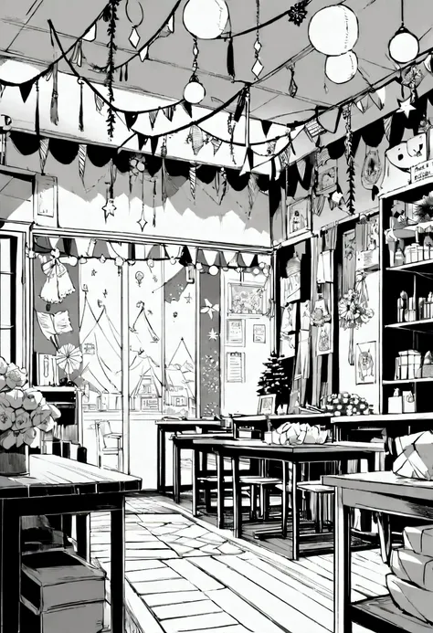 Create a line art illustration of a classroom interior festively decorated with DIY, affordable materials. The room features paper flowers, tassel garlands, banners, candlesticks, sparkling garlands, bandana banners, DIY bunting, a paper chain backdrop, an...