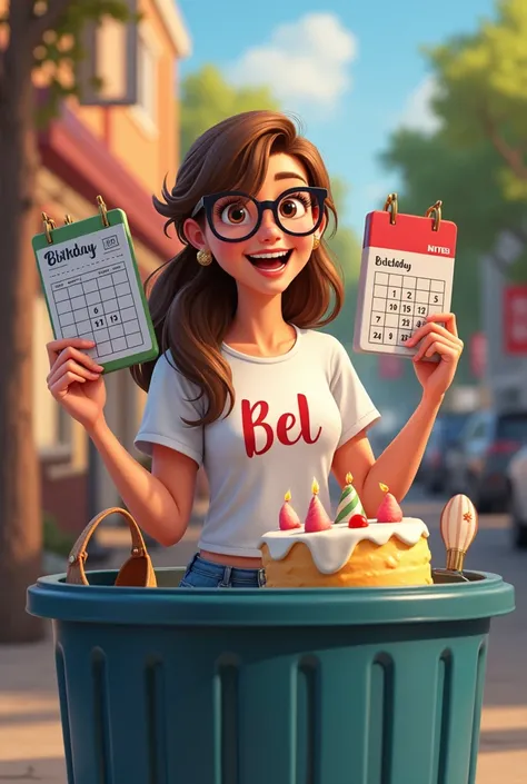 a 32 year old slightly chubby girl long wavey ponetailed hair wearing t-shirt with name "Bel" and denim short and black eyeglasses holding a bingo card in her right hand and a calendar in her background is in the trash can, and has a Big Cake in her side b...