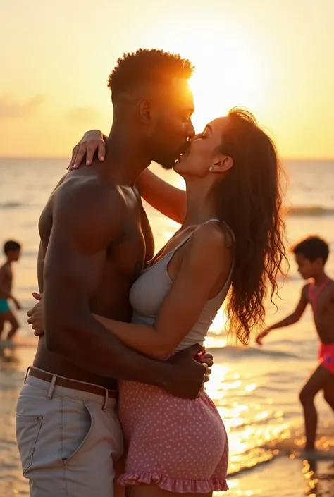 generate a photo of a black man embracing and kissing his white wife at the beach shore while kids are playing with bikinis at sunset 
