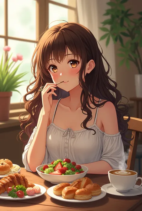 A brunette girl with curly hair sits and eating foods