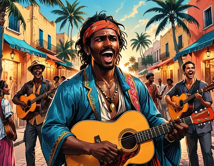 city square, open mouth, singing,gypsy man,shawl, dark skin, on the street with music band plays, street, people looking, tropical street, palm trees, close-up man musician with a guitar,  graphic style of novel comics, 2d, 8k, hyperrealism, masterpiece, h...