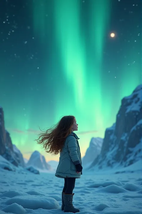 A 13 year old girl at the North Pole with brown hair and the Northern Lights 