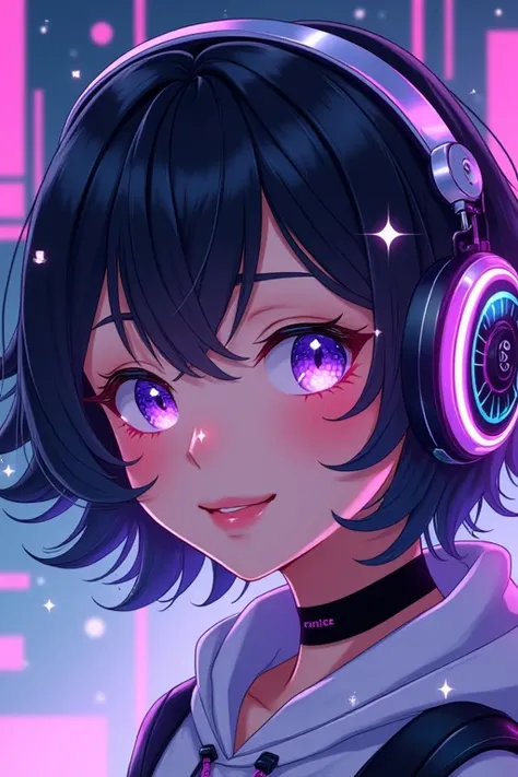 Black Hair, High resolution, smile, Black Hair, Purple eyes, earphone, Highest quality, Ahoge, Parted bangs, Natural curls, Deco bangs, Droopy eyes, laughing, Eyes are diamonds, Glowing Eyes, Gradient eyes, Character portrait, Sparkle Effect, anime, Charac...