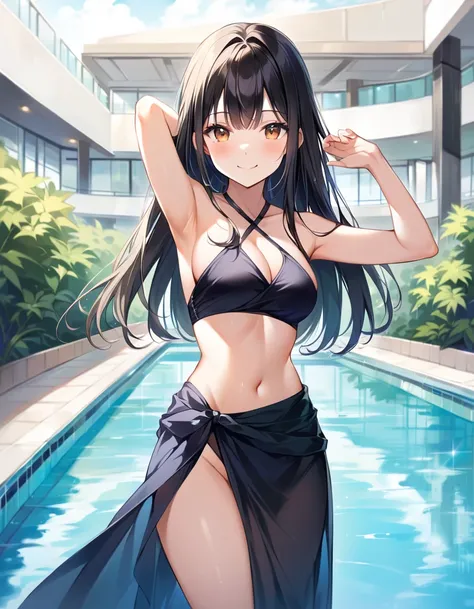 Woman, cute, adorable, smiling, straight hair, long hair, black hair, full breasts, standing, (right arm up behind:1.2), (shows armpit:1.2), (left　arm Lower waist:1.2), Swayback stance, looking at the camera, From the front, from thighs to head, pool, dayl...