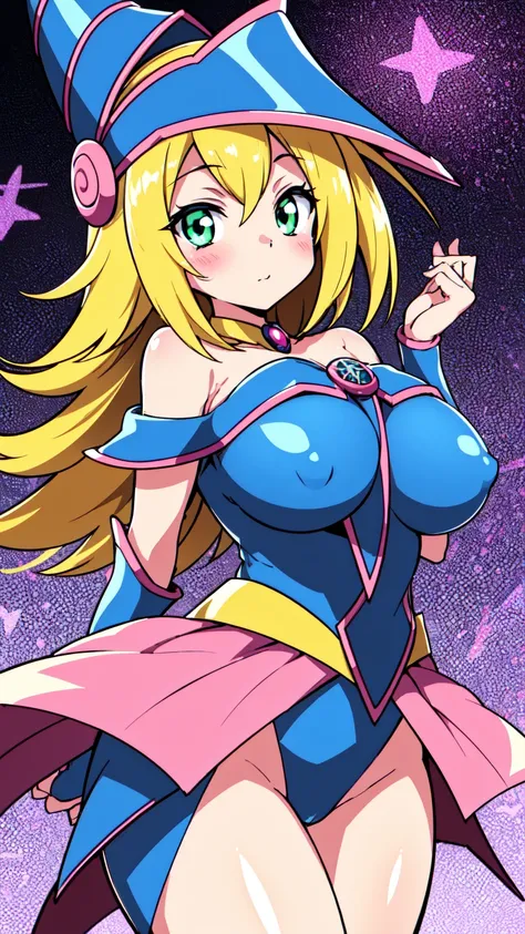 ((Dark Magician Girl Yu-Gi-Oh))、Super Breasts、Thick thighs、Blonde、magic circle、8k, 4K, Highest quality, High resolution: 1.2),Wink、Exposing one breast、Cute anime face、Pink blush on cheeks、Noise Reduction、A tight leotard