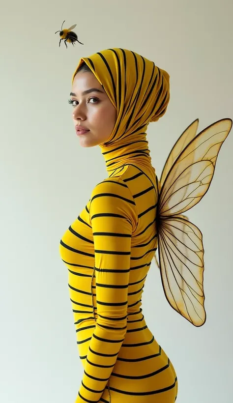 a beautiful and thin malaysian asian muslim adult girl with a shiny and beautiful face wears yellow bee lycra turtleneck unitard catsuit covered with black stripes with a pair of wings and always wear bee lycra dancewear hijab covered with black stripes.Sh...