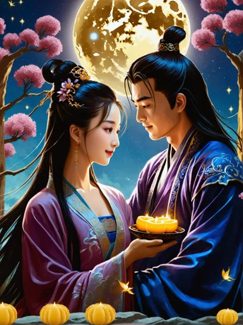 Romantic ancient style，night，Backlight，(Mid-Autumn Festival:1.5)，An elegant couple in ancient China，Dressed in gorgeous Hanfu，Purple floats like clouds in the moonlight，Sitting on a laurel tree full of stars，Smiling and holding hands，Starry Sky，Macro lens，...