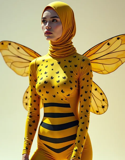 a beautiful and thin malaysian asian muslim adult girl with a shiny and beautiful face wears yellow bee lycra turtleneck unitard catsuit covered with black stripes with a pair of wings and always wear bee lycra dancewear hijab covered with black stripes.Sh...