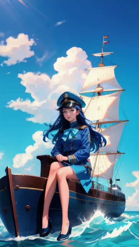 Generate an image with a blue background showcasing a scene titled Early Adopters Cruiser. The scene should feature a beautiful, cute girl dressed as a ship captain, sitting proudly at the bow of a luxurious cruise ship. Surround the ship with large, spark...