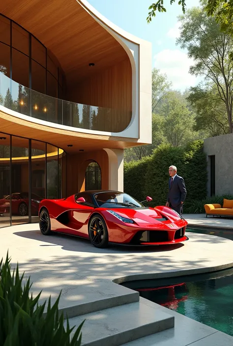 create an architectural showroom car followed by a retro architectural style. An architect ( not a car). Landscape architect, realistic render.
A showroom car work for FERRARI