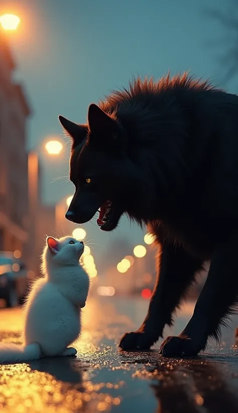 white cat kicked by black dog on cold evening street corner, there are street lights