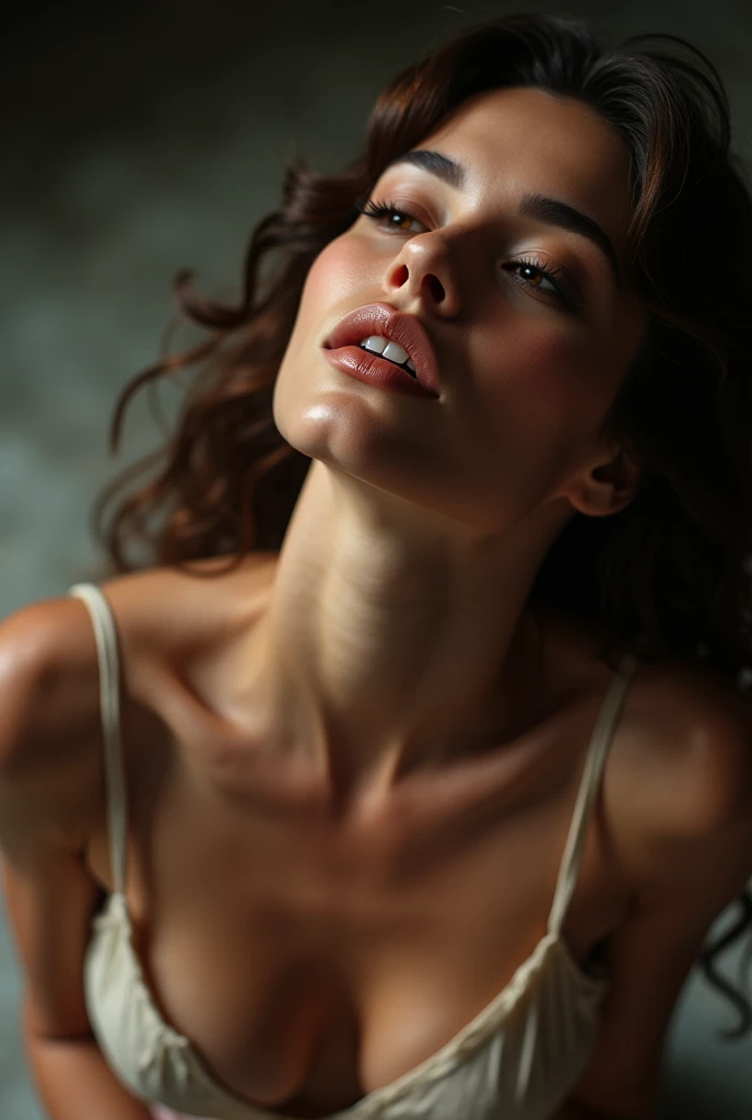 realistic, woman, beautiful mouth, mouth focus, sexy, lick, orgasm, eyes are slightly open, eyes are askew up between the eyebrows in ecstasy, deep cleavage teasing a firm breast, 19mm lens, top down POV on the sitting on the floor girl with her mouth open...