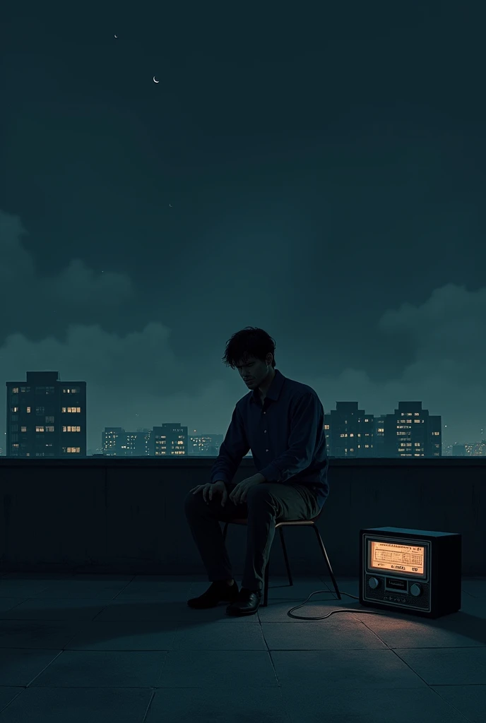 A dark and eerie rooftop scene at night. The setting is a lonely flats rooftop with a single man, Nishith, sitting alone on a chair, appearing disturbed and anxious. The atmosphere is tense with a cold, unsettling vibe. In one corner of the rooftop, an old...