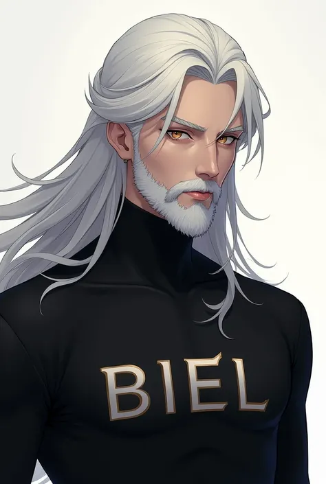 Character male character long white hair and black turtleneck shirt with white name in capital letters Biel a white beard anime theme