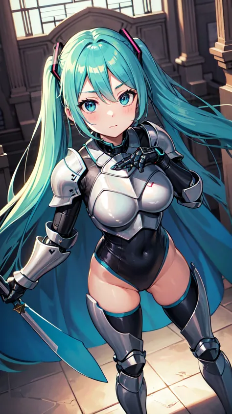 masterpiece, top quality, 8K Hatsune Miku VOCALOID, 1woman, ((dragon knight armor)), full armor, (knight armor), black tights, church,((Knight Girl)), ((Knight Armor Warrior)), ((DRAGON armor)), (Cybernetic Leotard ), Masterpiece, Top Quality, Ultra-Detail...