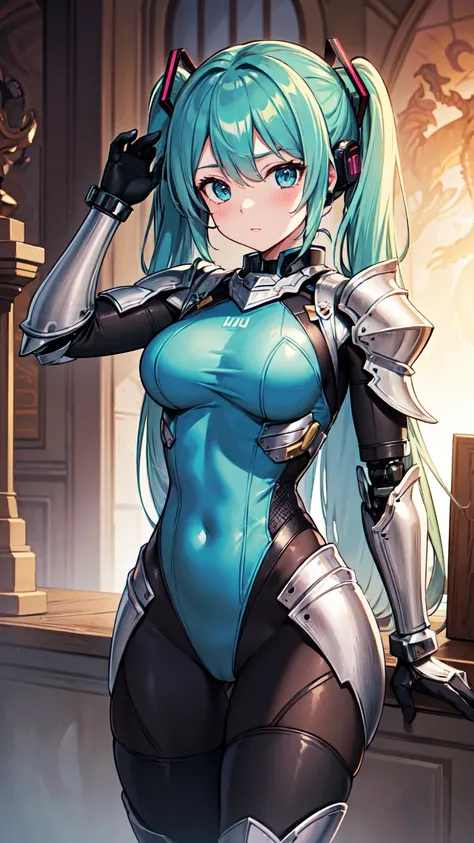 masterpiece, top quality, 8K Hatsune Miku VOCALOID, 1woman, ((dragon knight armor)), full armor, (knight armor), black tights, church,((Knight Girl)), ((Knight Armor Warrior)), ((DRAGON armor)), (Cybernetic Leotard ), Masterpiece, Top Quality, Ultra-Detail...