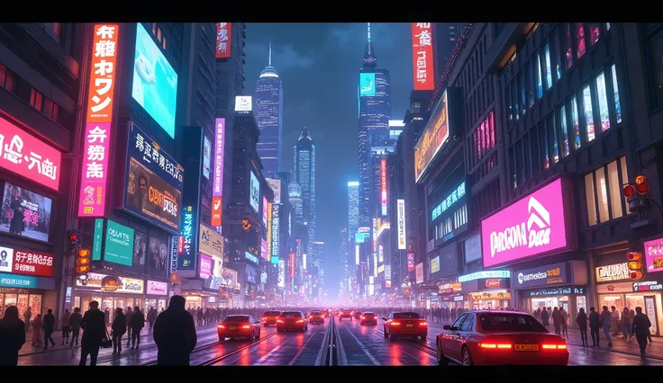 Lively cityscape at night: Neon Light, Busy Street, And a sea of skyscrapers.