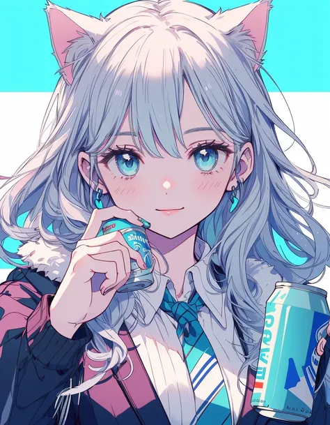 cheers, taking a can beer, smile, ((masterpiece, best quality:1.5)), ((Beautiful detailed cat aqua eyes:1.2)), cat ears, pale skin, medium breasts, beautiful hands, beautiful fingers, EasyNegative