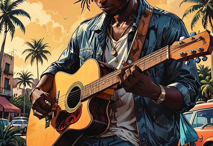 
(((guitar close-up, hands only))),city square,dark skin,  street,  tropical street, palm trees,  graphic style of novel comics, 2d, 8k, hyperrealism, masterpiece, high resolution, best quality, ultra-detailed, super realistic, Hyperrealistic art, high-qua...