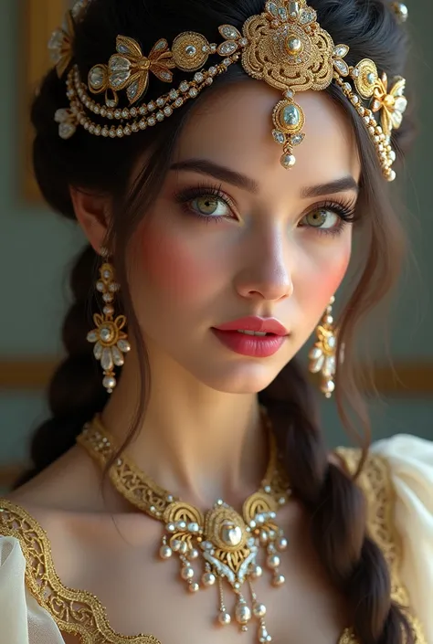   Seductive Princess Girl, expressive sparkling eyes, very long eyelashes, snub nose, plump raspberry lips ,  lush wide braids, kokoshnik, Burga, Tika, filigree arabic jewelry, diamonds, silk bows, glitter, glitter, honeycore, beauty aesthetical girl, glam...