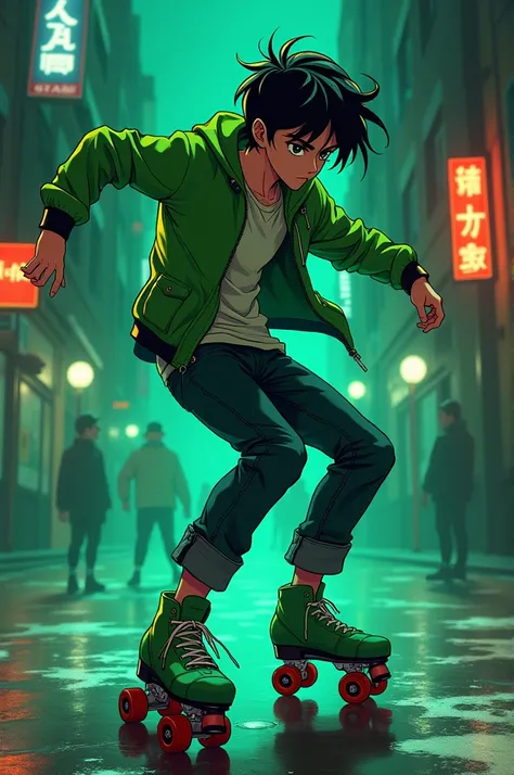 manga character, boy, noir, green jacket, roller dance