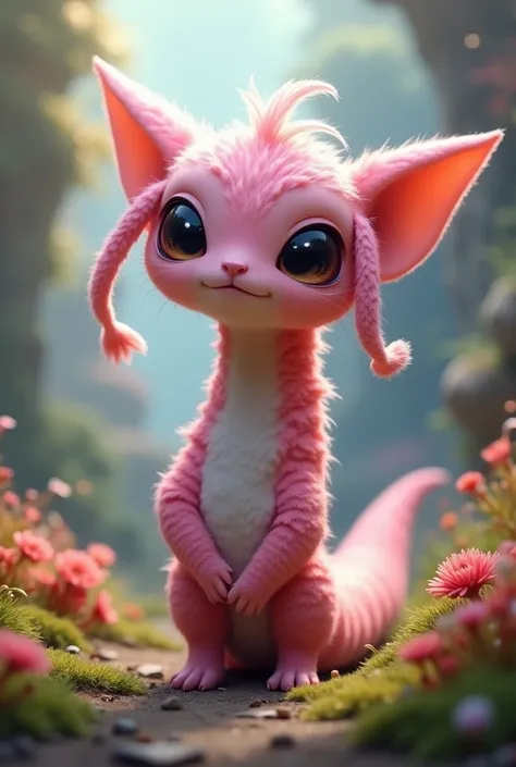 Alien creature that looks like a worm with 2 arms, Head, ears with tassels, The eyes are big and kind, covered with short pink fur