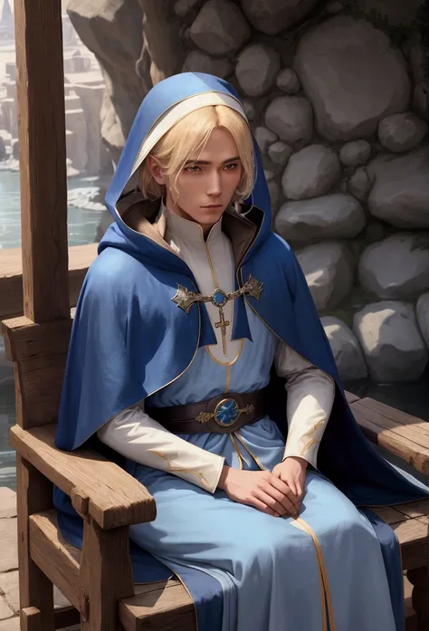 blond haired woman sitting on a stone bench with a Blue coat, Dress like a monk, ((Wearing a noble costume)), Blue coat, Image of a male nun, Azure Cape, Wearing a noble costume, Portrait of a Wildcloak fin, Alfriq Overguard, The delicate androgynous princ...