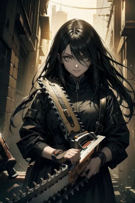 masterpiece, 最high quality, high quality, Super detailed, One person, alone, Long Hair, View your viewers, smile, Shine eyes, (((Has a chainsaw))), dystopian city Horror background, Upper Body, Black Hair, Blood, mask, Shine, Shine eyes , Has a chainsaw, T...