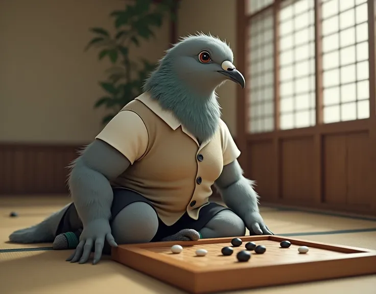 A gray female pigeon wearing an off-white collared short-sleeved shirt, a light brown vest, a knee-length black skirt, dark green socks and black shoes.、Sitting upright in a Japanese-style room, playing Go、Muscular grey female pigeon、Photorealistic images