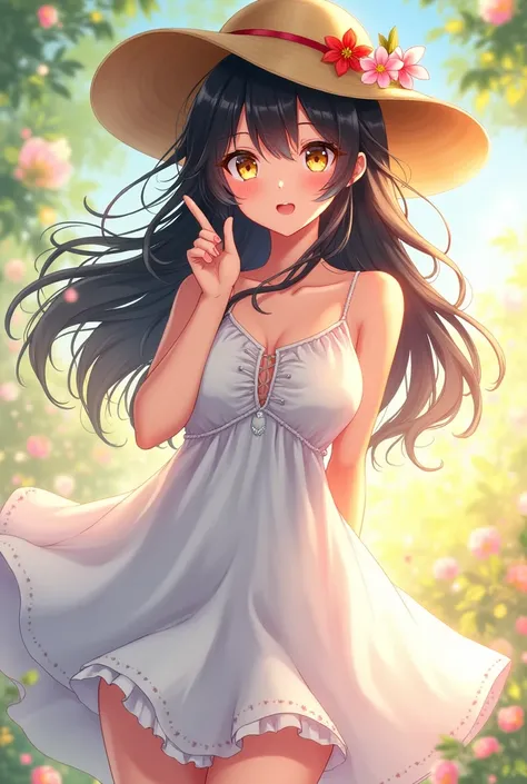 Anime girl, tan skin, yellow eyes, long black hair, white highlights, full body, sundress, sun hat, flower hair accessories, suprised 