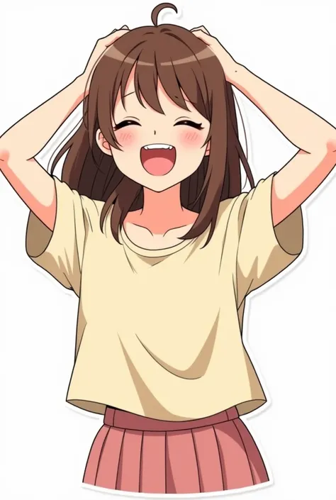 Create a LINE sticker of a brown-haired girl with bangs named Miya who is laughing.., full body image.