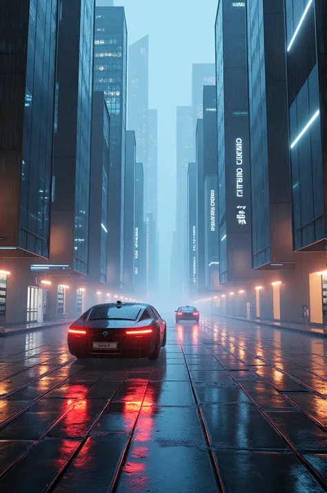 A street with futuristic buildings. Raining, futuristic lighting. Vehicles on street