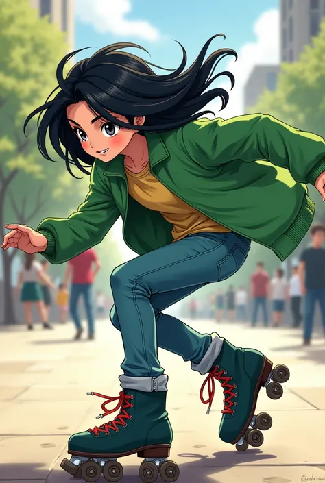 manga character, boy, cheuveux long noir, green jacket, roller dance