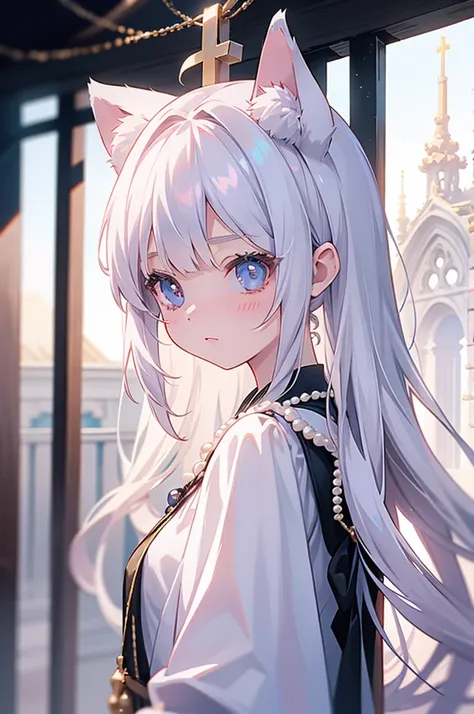 1girl, cute ears, heaven gates, decorated with pearls, realistic anime, 8k, cinematic, dramatic