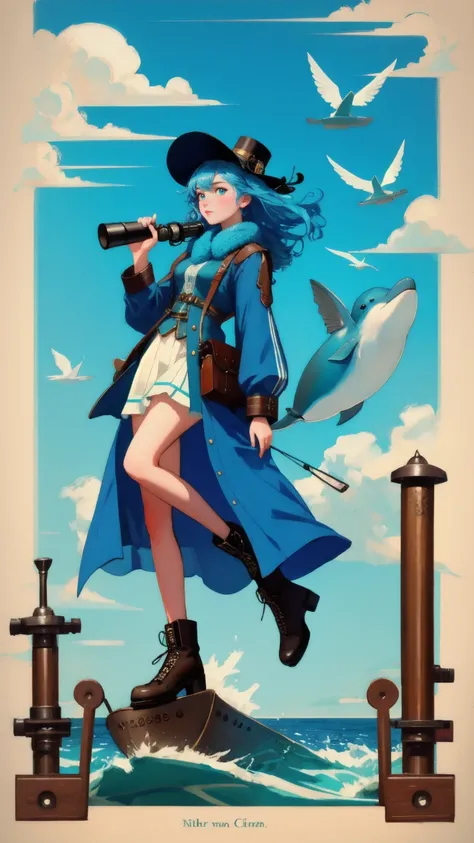 Illustrate a vibrant, blue-themed background titled Early Adopters Cruiser. Replace the bearded man with a beautiful, cute girl in a steampunk-inspired outfit. She should be holding a vintage telescope, scanning the horizon from the deck of a ship. Surroun...