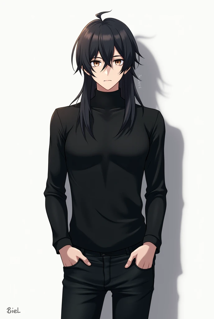 Male character black turtleneck shirt with name Biel black jeans long hair white math anime