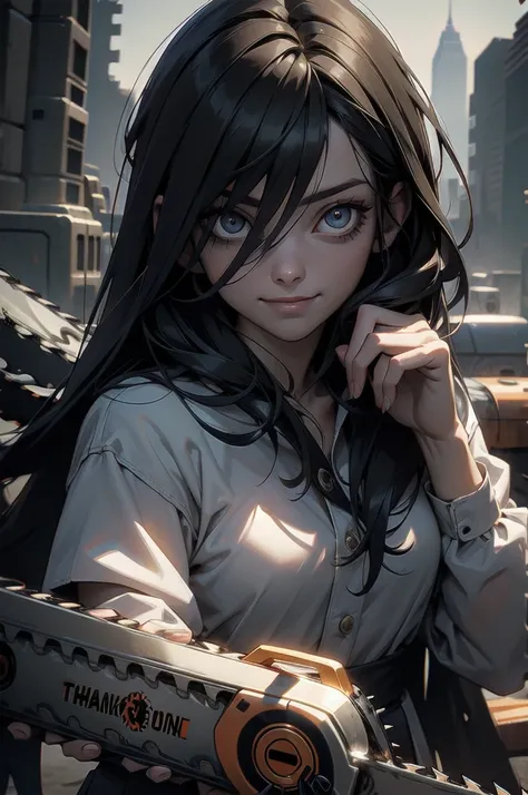 masterpiece, 最high quality, high quality, Super detailed, One person, alone, Long Hair, View your viewers, smile, Shine eyes, (((Has a chainsaw))), dystopian city Horror background, Upper Body, Black Hair, Blood, mask, Shine, Shine eyes , Has a chainsaw, T...