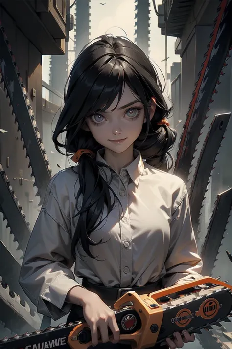 masterpiece, 最high quality, high quality, Super detailed, One person, alone, Long Hair, View your viewers, smile, Shine eyes, (((Has a chainsaw))), dystopian city Horror background, Upper Body, Black Hair, Blood, mask, Shine, Shine eyes , Has a chainsaw, T...