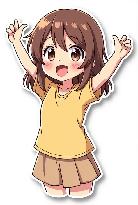 Create a LINE sticker of a brown-haired girl with bangs named Miya who is laughing.., full body image.