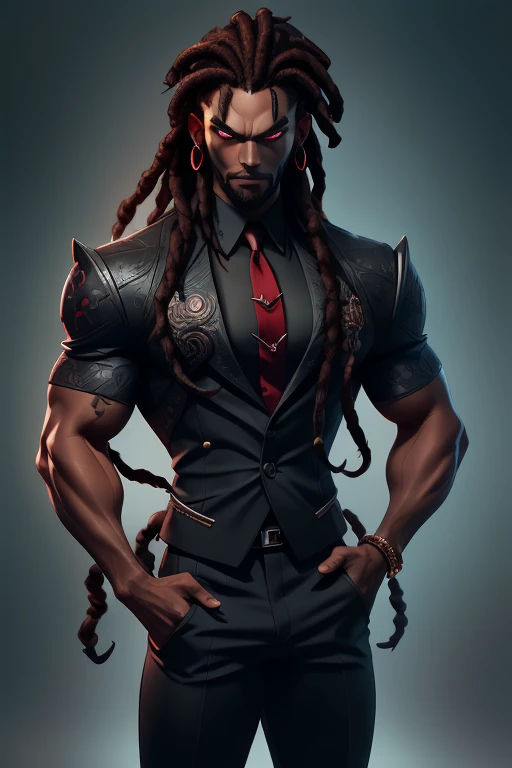 A dark red skinned demon, tall with a 35 year old appearance, with a muscular and toned body, with black dreadlocks in his hair, wearing a black suit with red details.