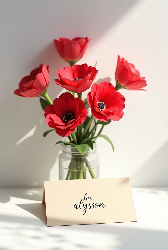 best qualityer:1.4), (ultra high resolution:1.2), (photorrealistic:1.4), (8k, CRU photo:1.2), 1 white table. A bouquet of red flowers on top. Next to a letter. It is written in the letter "for alysson". It is written in Portuguese 