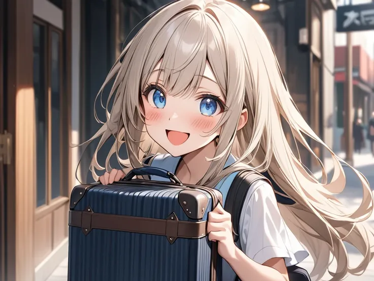 Girl carrying luggage?One person, High resolution, chest, Blushing, Shortcuts, bangs, blue eyes, Open your mouth, smile, Gaze, Long Hair, solo, 