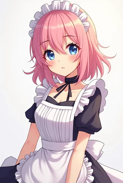 Can you create me an image of an 18 year old girl with shoulder length pink hair, with a little makeup on her eyelashes and blushing with dark blue eyes and wearing a maid outfit with a black and pretty dog ​​collar, the whole image in anime style and that...