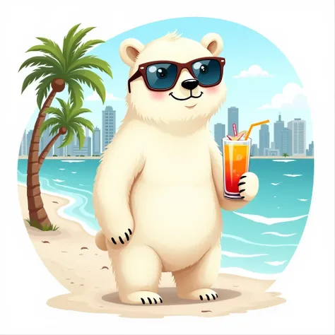 Sticker, Polar bear standing on Miami beach wearing glasses drinking juice, Vector, White background, Detailed