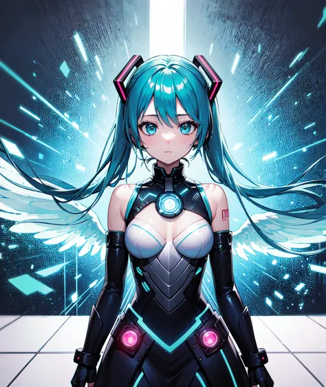 (Princess Knight), hatsune miku, ((wearing armor)), Angel wings, cyberpunk, noise removal, illustration, neon lights on the, Tabletop、Exquisite design、Visual Arts、Concept Artist、Five Fingers, Perfect body, {{{masterpiece}}}, {{{Highest quality}}}, {{Very d...