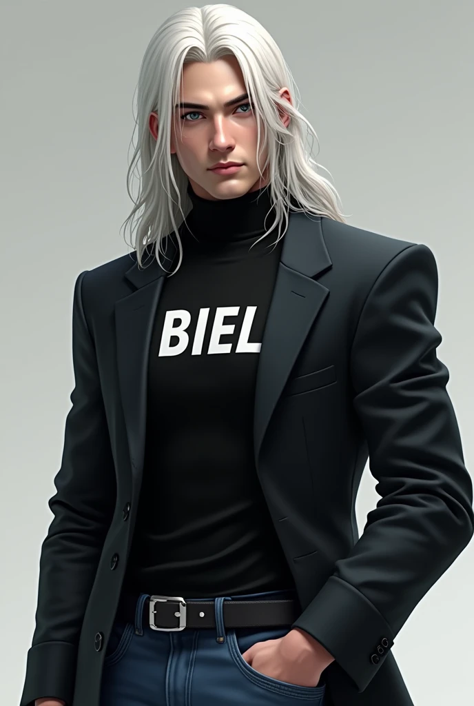 Male character black shirt black turtleneck with the name Biel in capital letters blue jeans long white hair