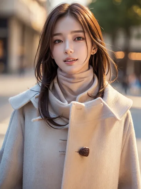 Best image quality、masterpiece、Ultra-high resolution、RAW Photos、(Photorealistic:1.4)、One person、Detailed face、Cowboy Shot、(Long coat、turtleneck、carf around the neck:1.5)、 Long messy red hair、Bokeh、Beautiful lighting、Model pose、thin、Korean Idol、Age 19、（Laug...