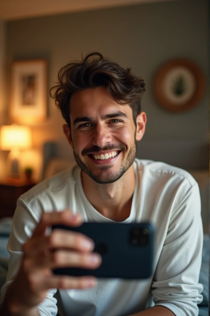 Man taking selfie in his room, 2, smiling, profile picture, 8K selfie, 